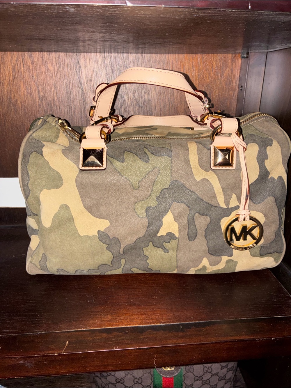 Michael Kors Camouflage Grayson Satchel Bag in Green and Tan